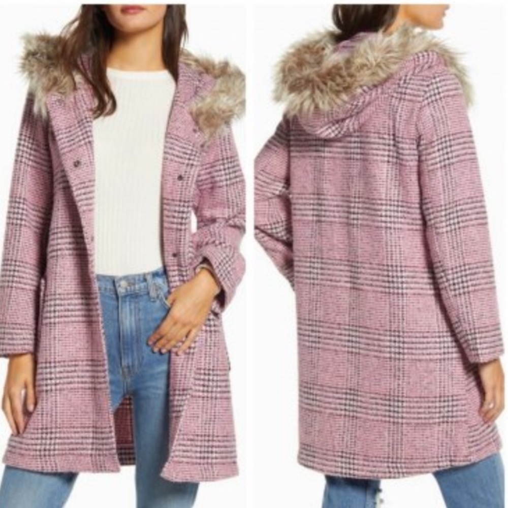 BB Dakota Pink Houndstooth Plaid Coat